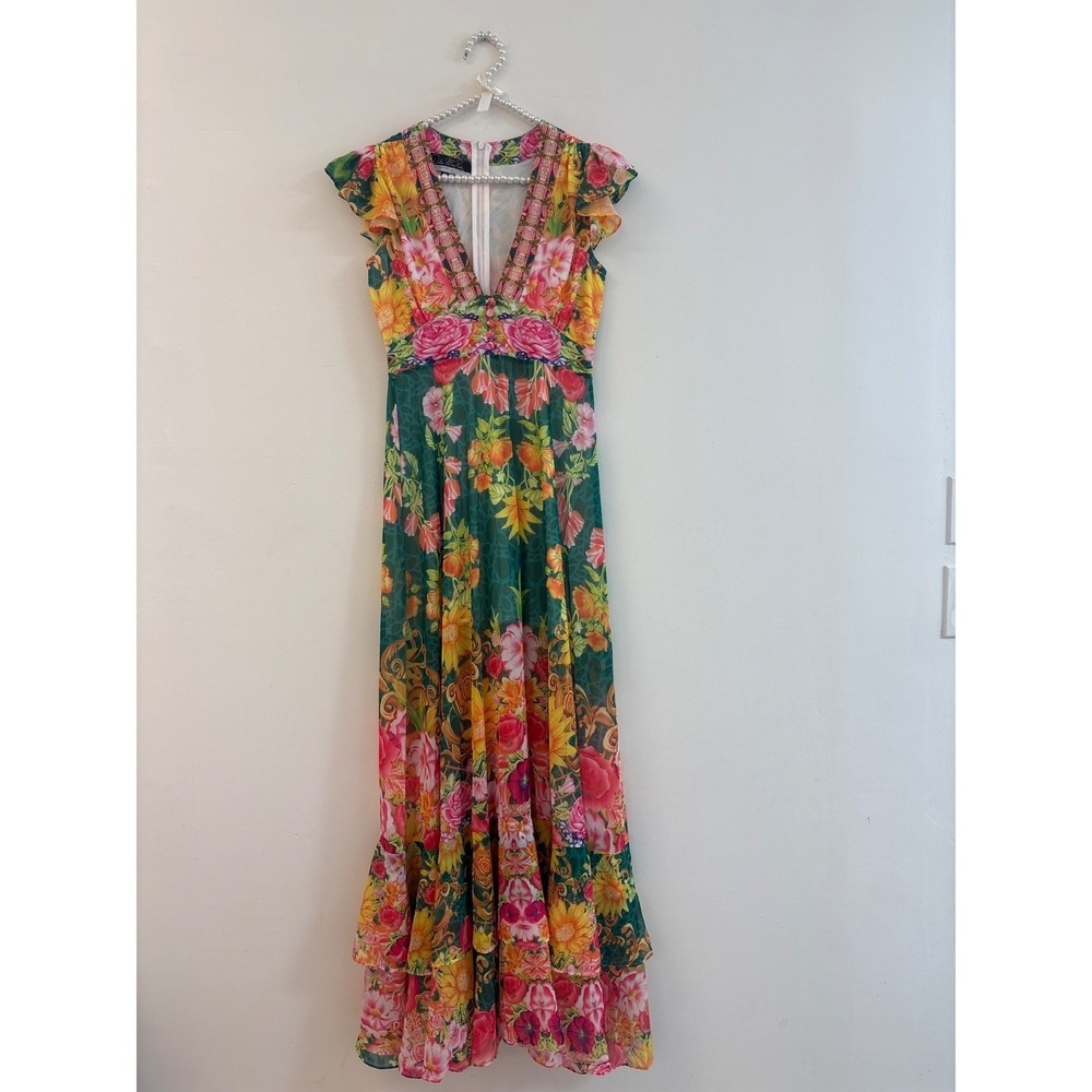 Floral V-Neck Maxi Dress in Teal and Pink - Women - Picture 2 of 7